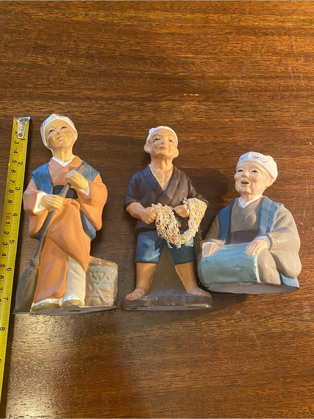 Vintage Japanese Terracotta Clay Figurines Set o 3 Peasant Elder Fisherman Japan
